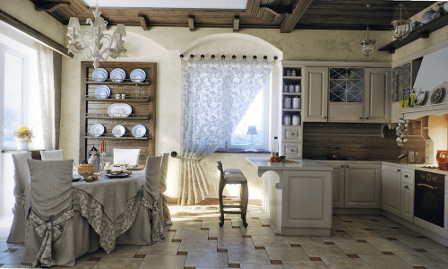 Дизайн интерьера кухни-студии в деревенском стиле.