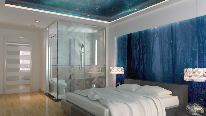 Синий натяжной потолок в спальне